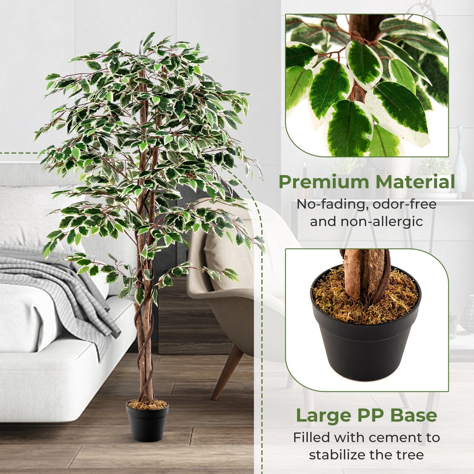 Artificial Ficus Tree Tall Faux Indoor Plant with 1008 Leaves Nursery Pot and Dried Moss, Green Faux Plants   at Gallery Canada