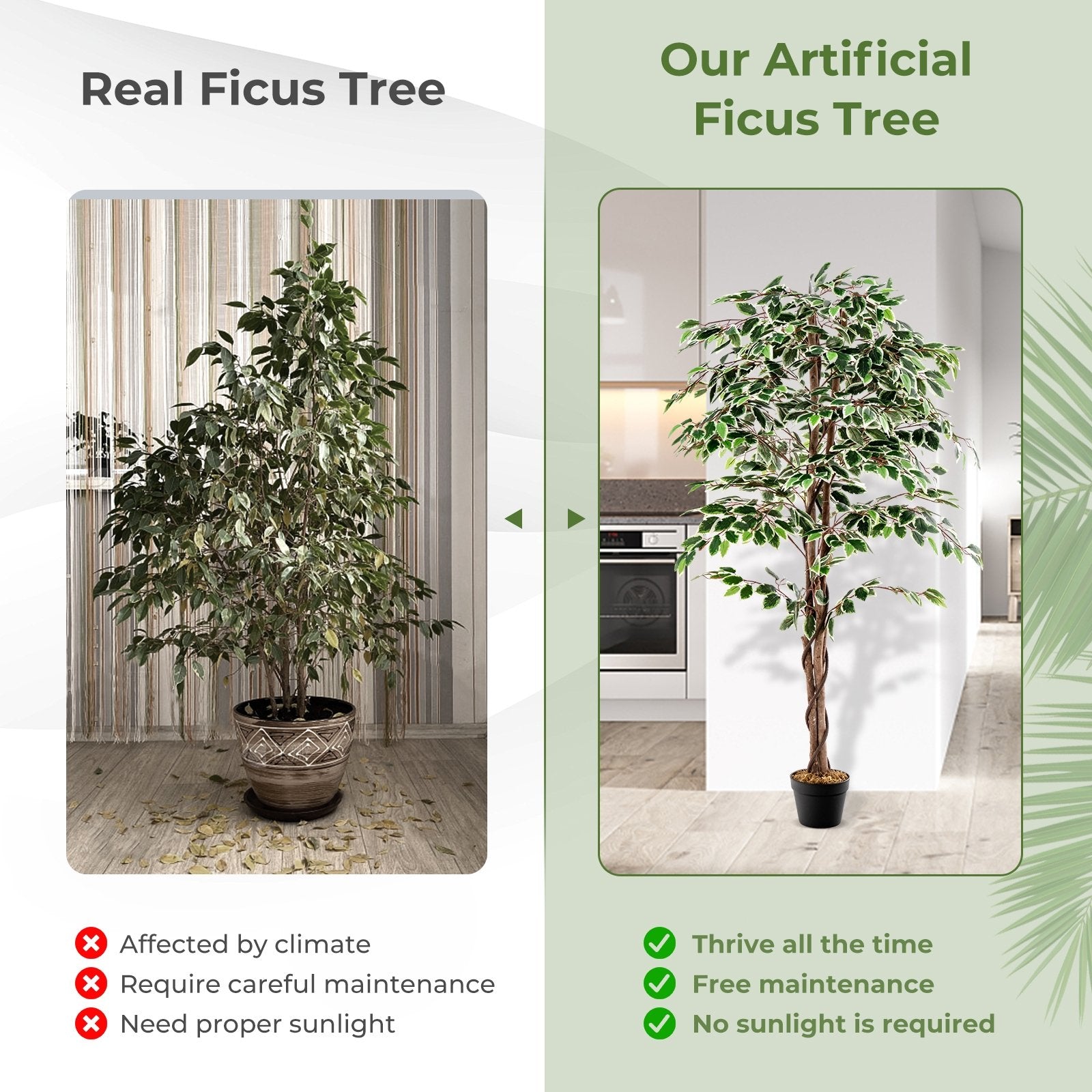 Artificial Ficus Tree Tall Faux Indoor Plant with 1008 Leaves Nursery Pot and Dried Moss, Green Faux Plants   at Gallery Canada