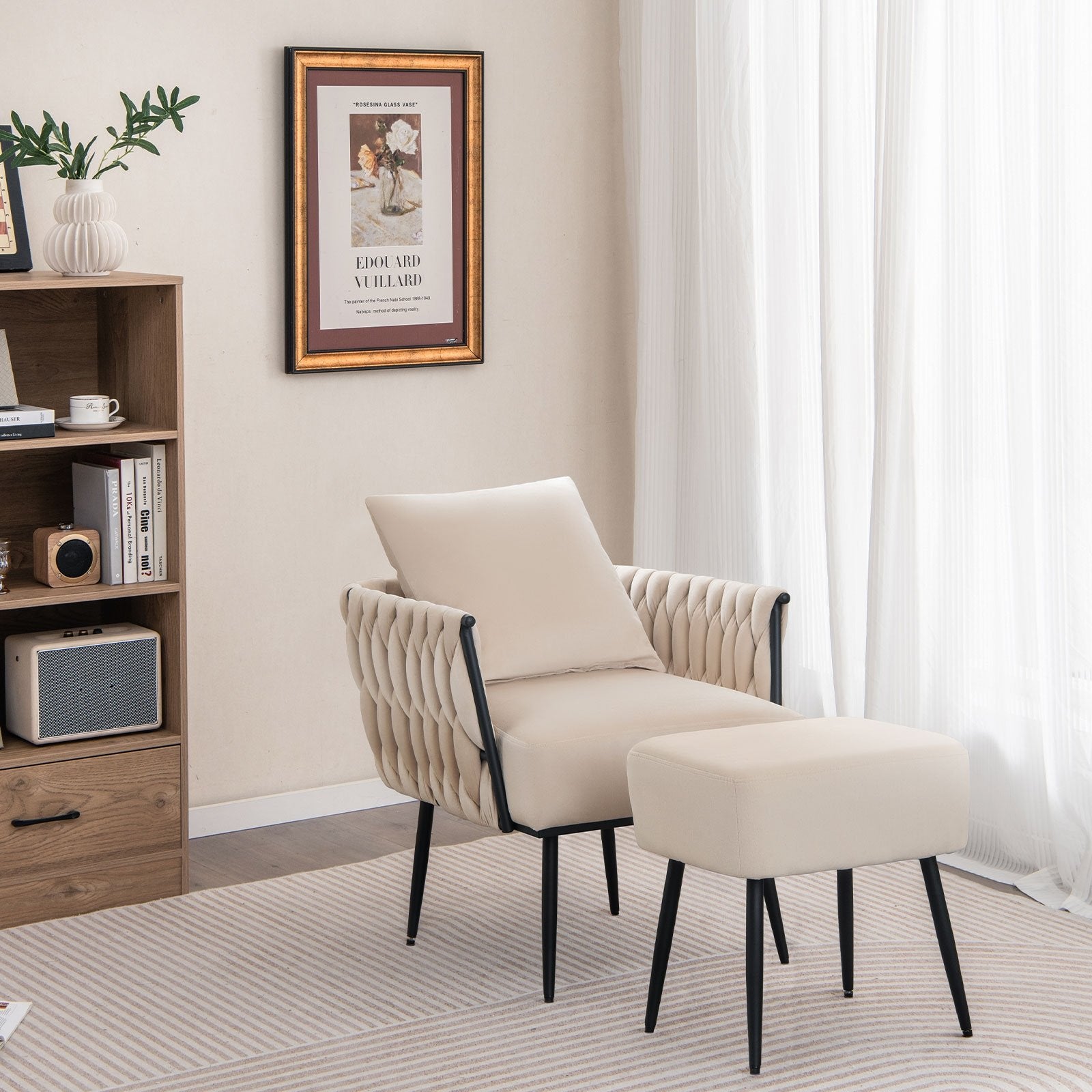 Modern Dutch Velvet Accent Chair and Ottoman Set with Weaved Back and Arms, White Accent Chairs   at Gallery Canada