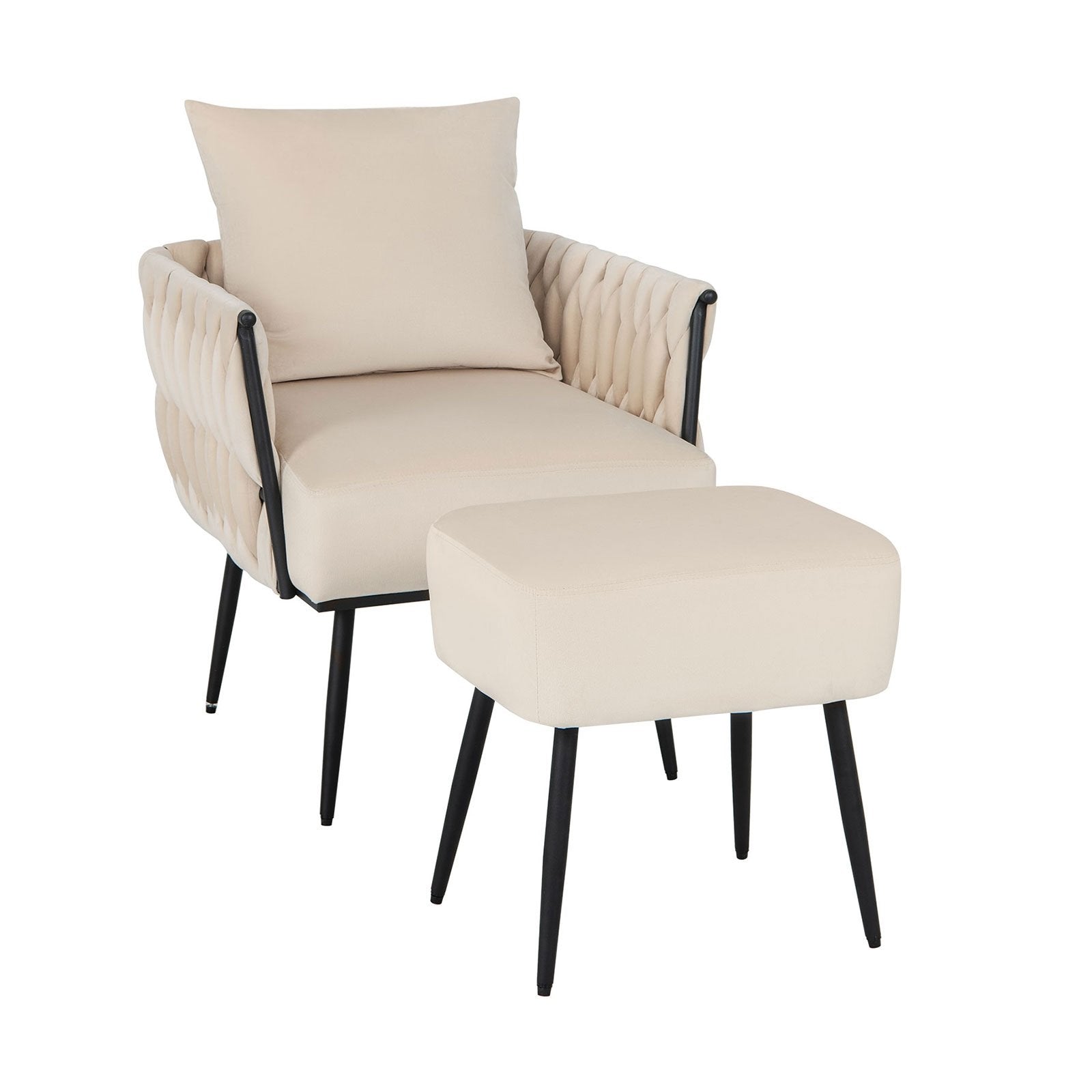 Modern Dutch Velvet Accent Chair and Ottoman Set with Weaved Back and Arms, White Accent Chairs   at Gallery Canada