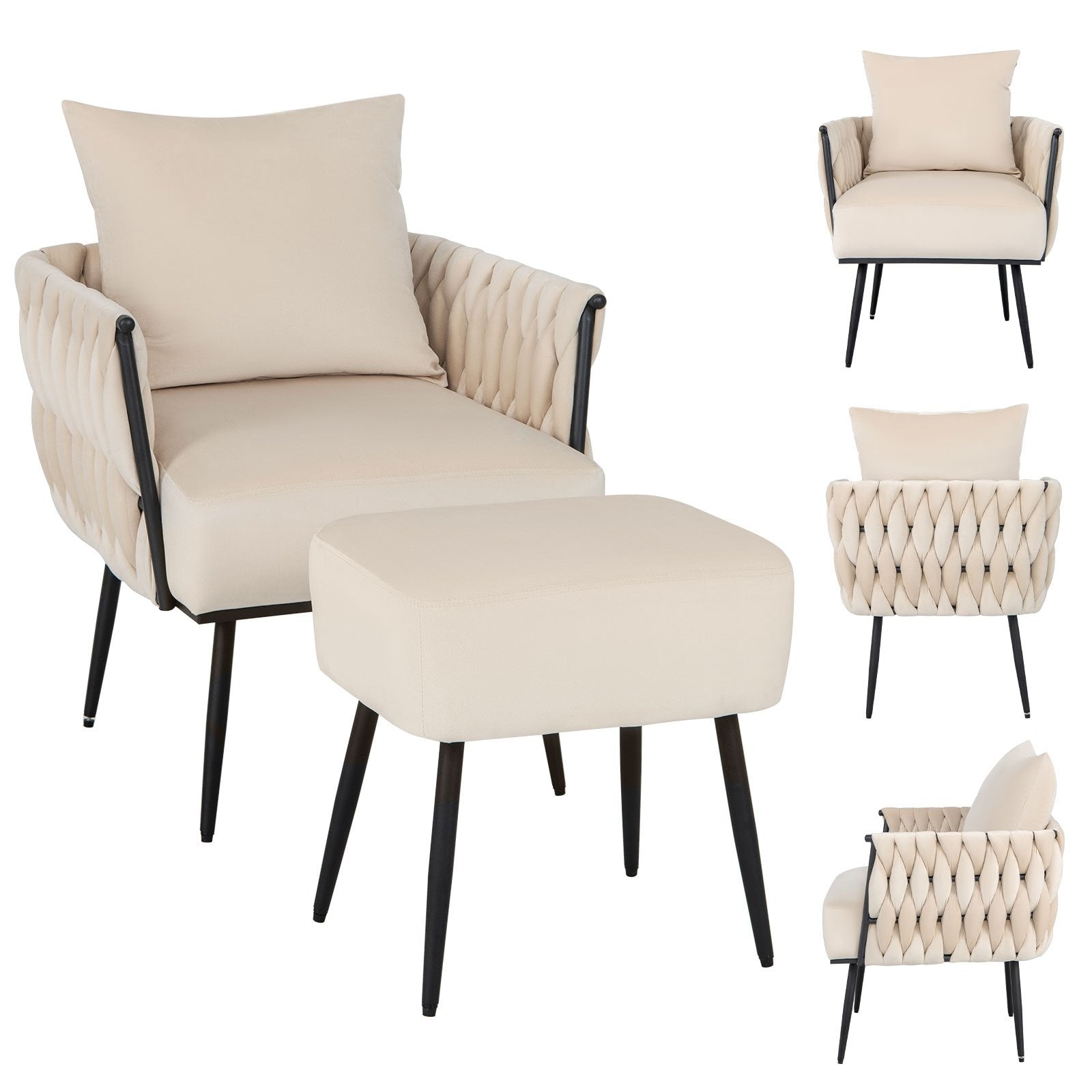 Modern Dutch Velvet Accent Chair and Ottoman Set with Weaved Back and Arms, White Accent Chairs   at Gallery Canada