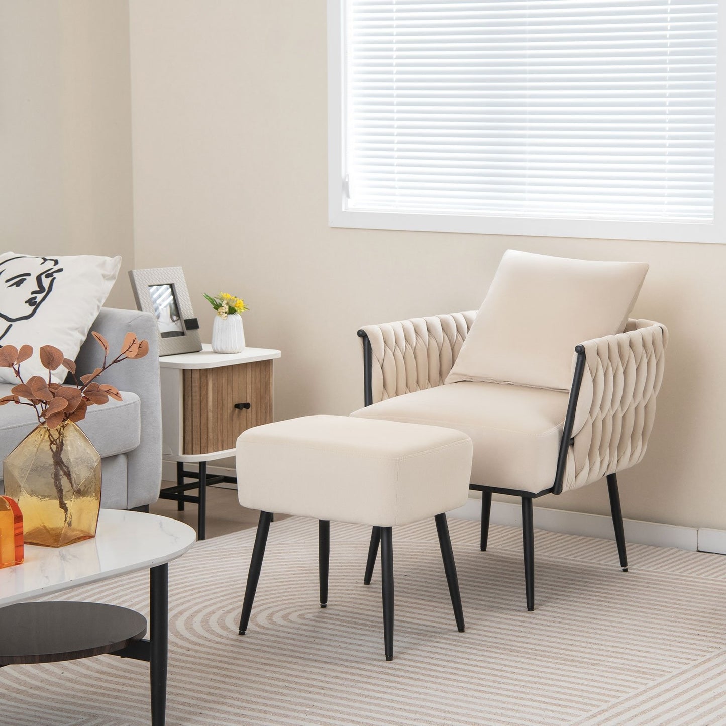 Modern Dutch Velvet Accent Chair and Ottoman Set with Weaved Back and Arms, White Accent Chairs   at Gallery Canada