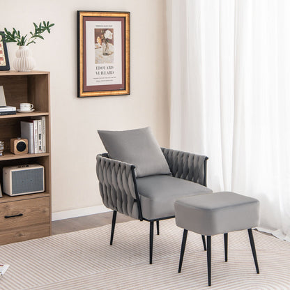 Modern Dutch Velvet Accent Chair and Ottoman Set with Weaved Back and Arms, Gray Accent Chairs   at Gallery Canada