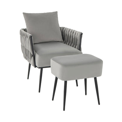 Modern Dutch Velvet Accent Chair and Ottoman Set with Weaved Back and Arms, Gray Accent Chairs   at Gallery Canada