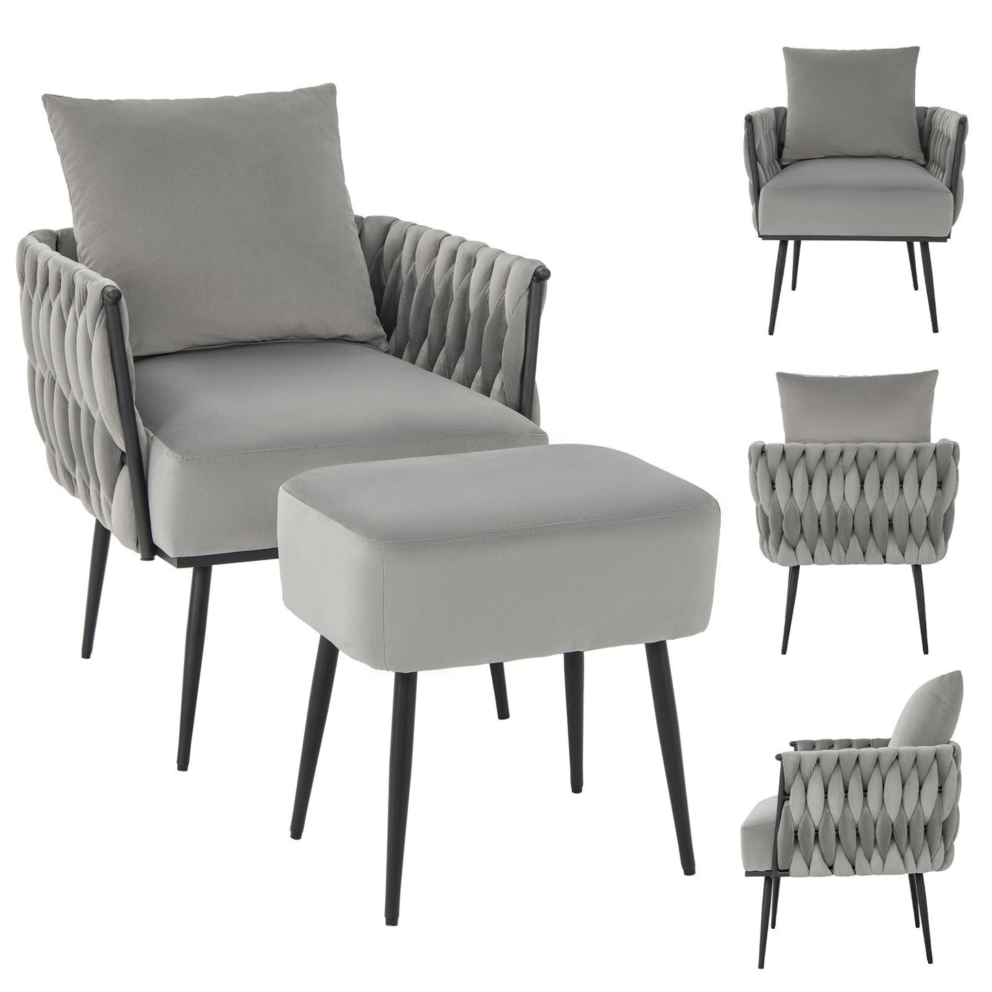 Modern Dutch Velvet Accent Chair and Ottoman Set with Weaved Back and Arms, Gray Accent Chairs   at Gallery Canada