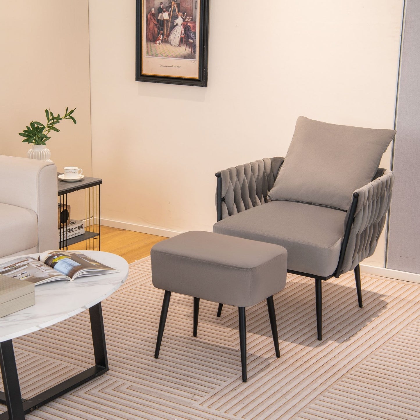 Modern Dutch Velvet Accent Chair and Ottoman Set with Weaved Back and Arms, Gray Accent Chairs   at Gallery Canada