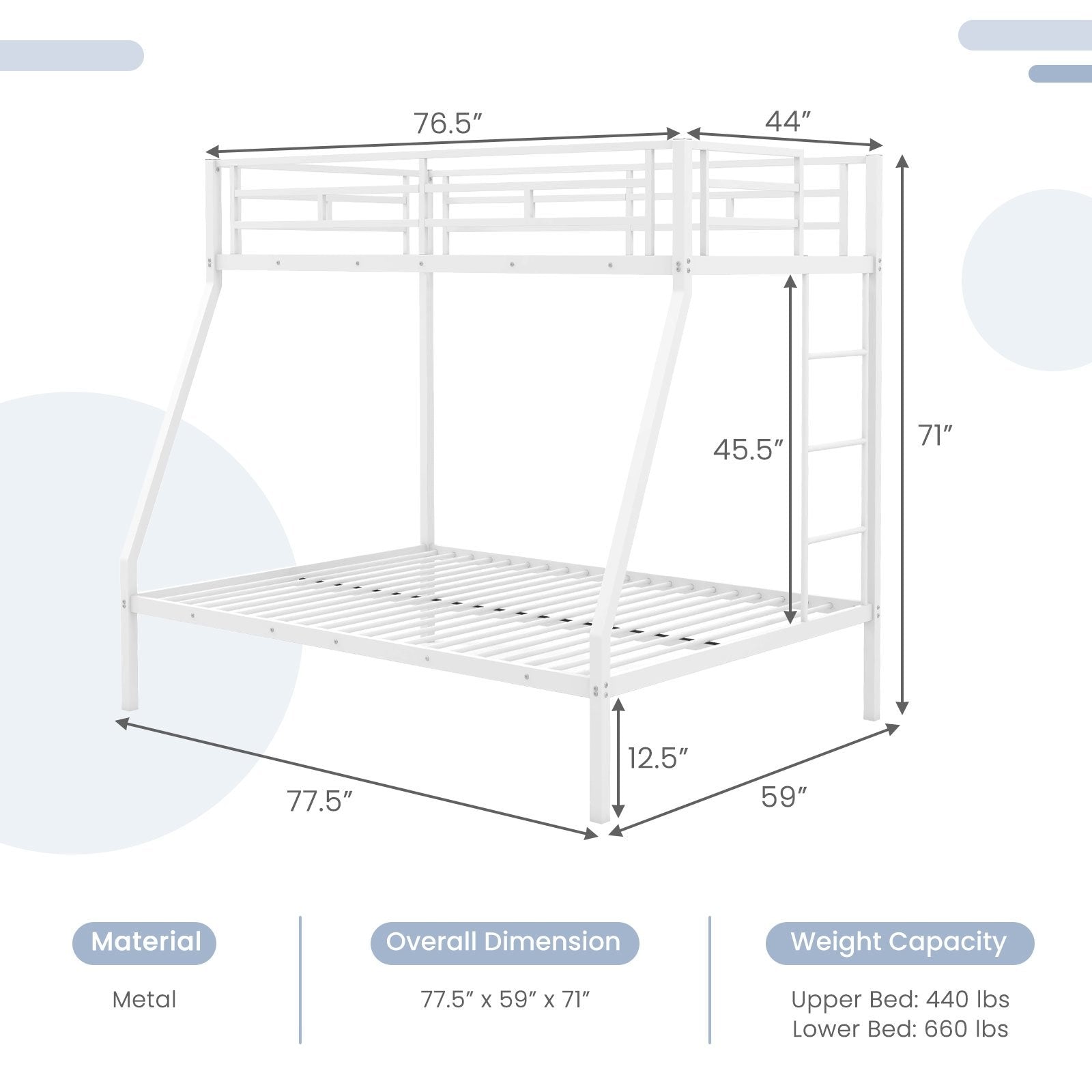 Space-saving Metal Slatted Bed Frame for Teens and Adults Noise-free No Box Spring Needed, White Bunk Bed Frame   at Gallery Canada