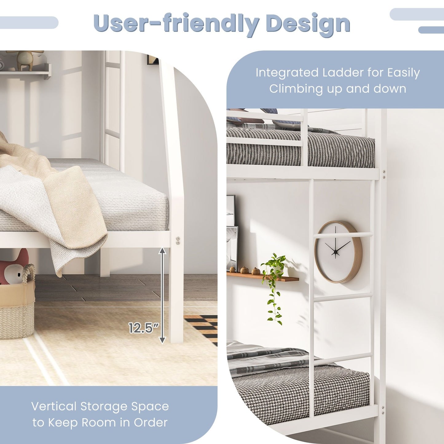 Space-saving Metal Slatted Bed Frame for Teens and Adults Noise-free No Box Spring Needed, White Bunk Bed Frame   at Gallery Canada