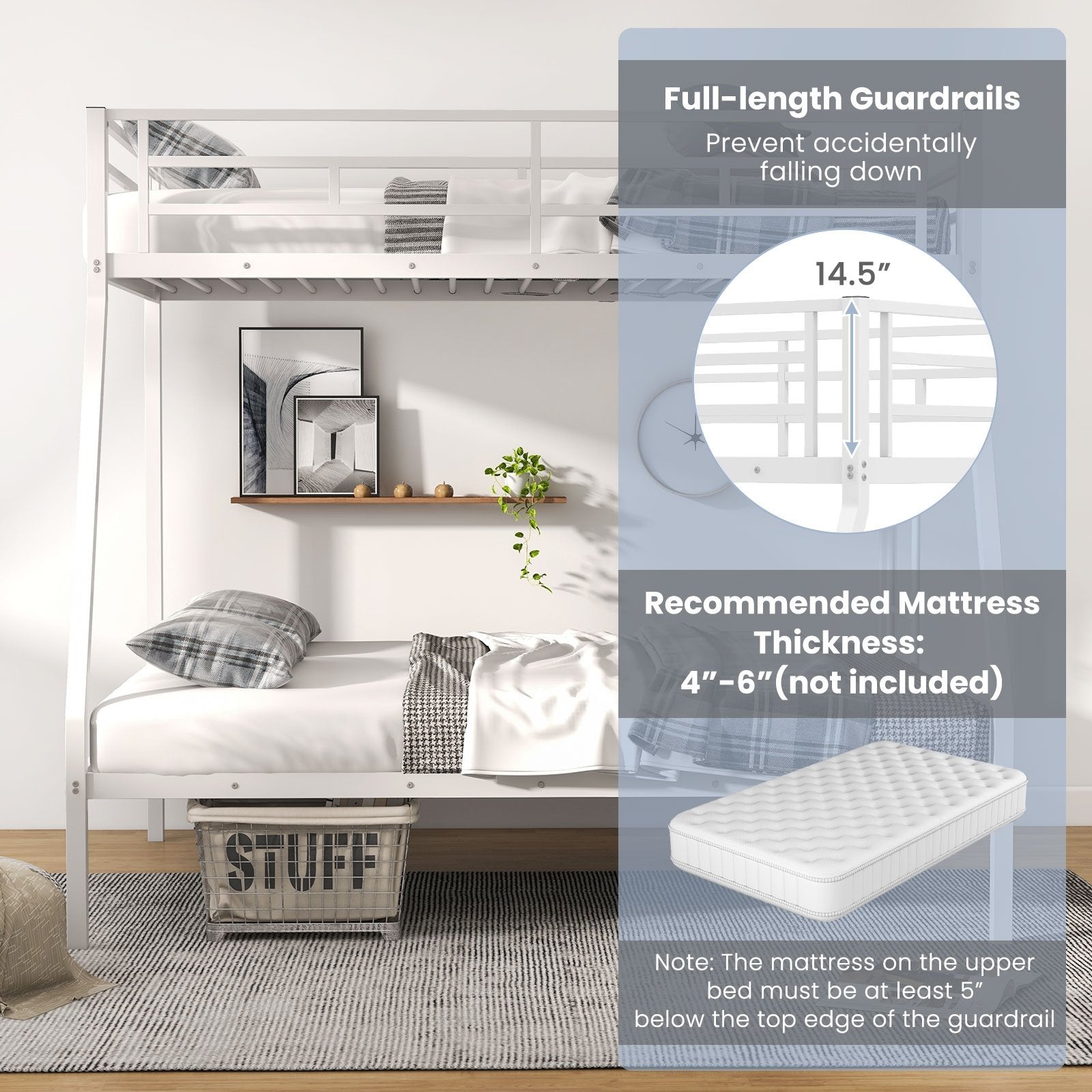 Space-saving Metal Slatted Bed Frame for Teens and Adults Noise-free No Box Spring Needed, White Bunk Bed Frame   at Gallery Canada