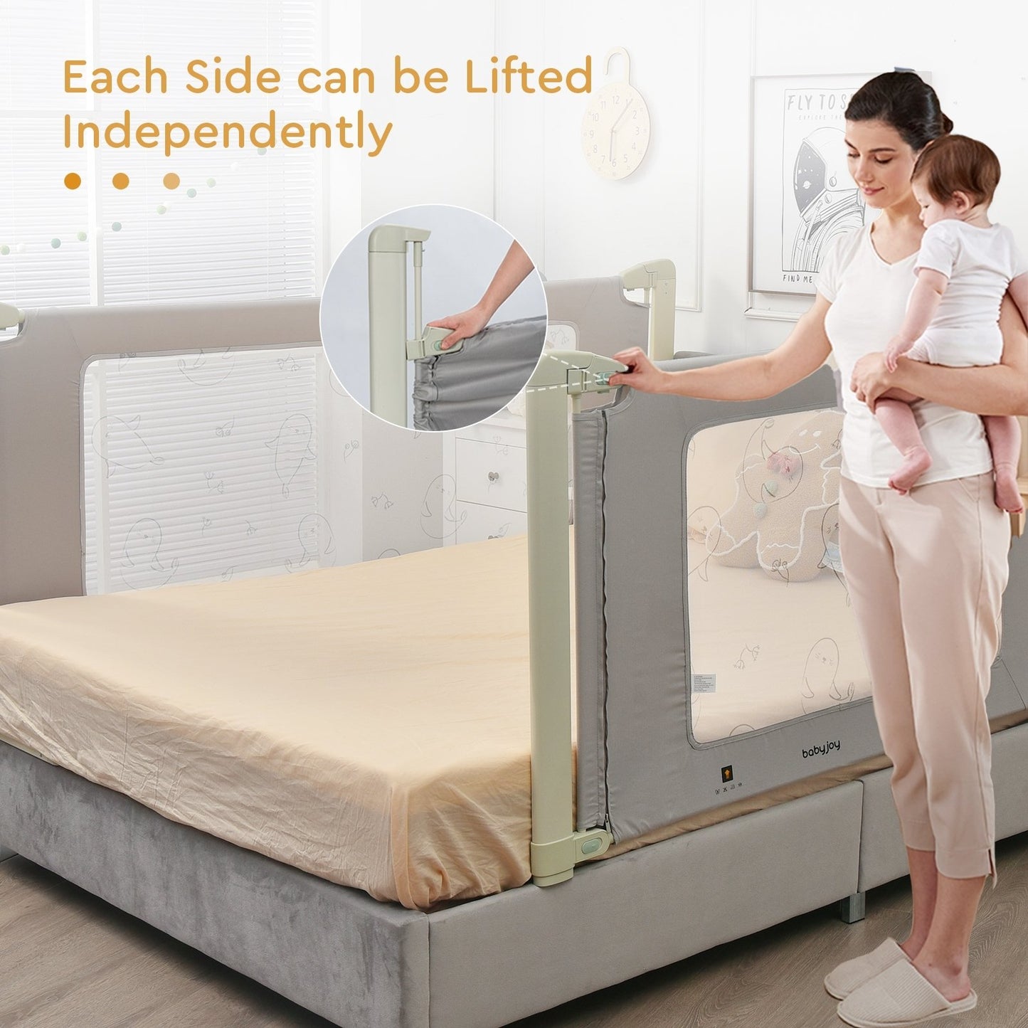 Bed Rail Guard for Toddlers Kid with Adjustable Height and Safety Lock-59 inch, Gray Bed Rails   at Gallery Canada