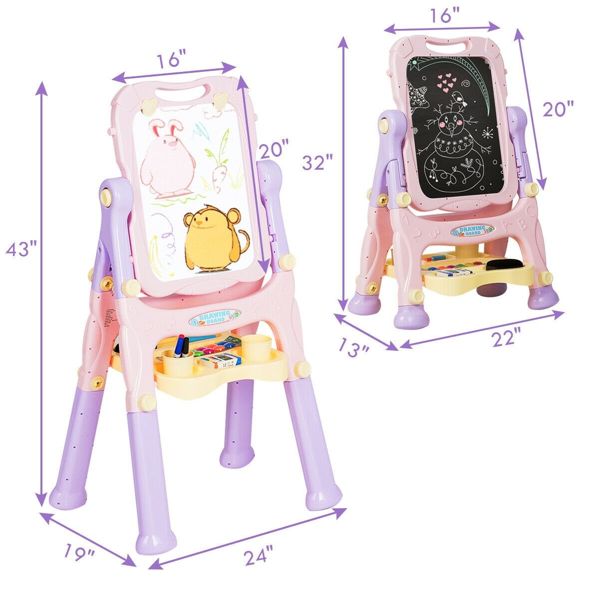 Kids Height Adjustable Double Side Magnetic Art Easel, Purple Art Easels   at Gallery Canada