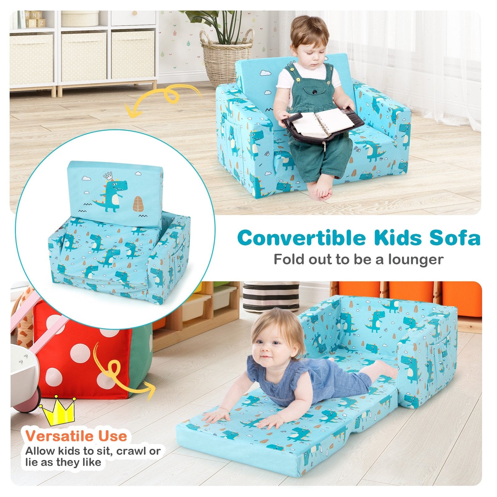 Kids Recliner Sofa Converts to Sleeper Bed for Boys Girls, Blue Kids Chairs & Seating   at Gallery Canada