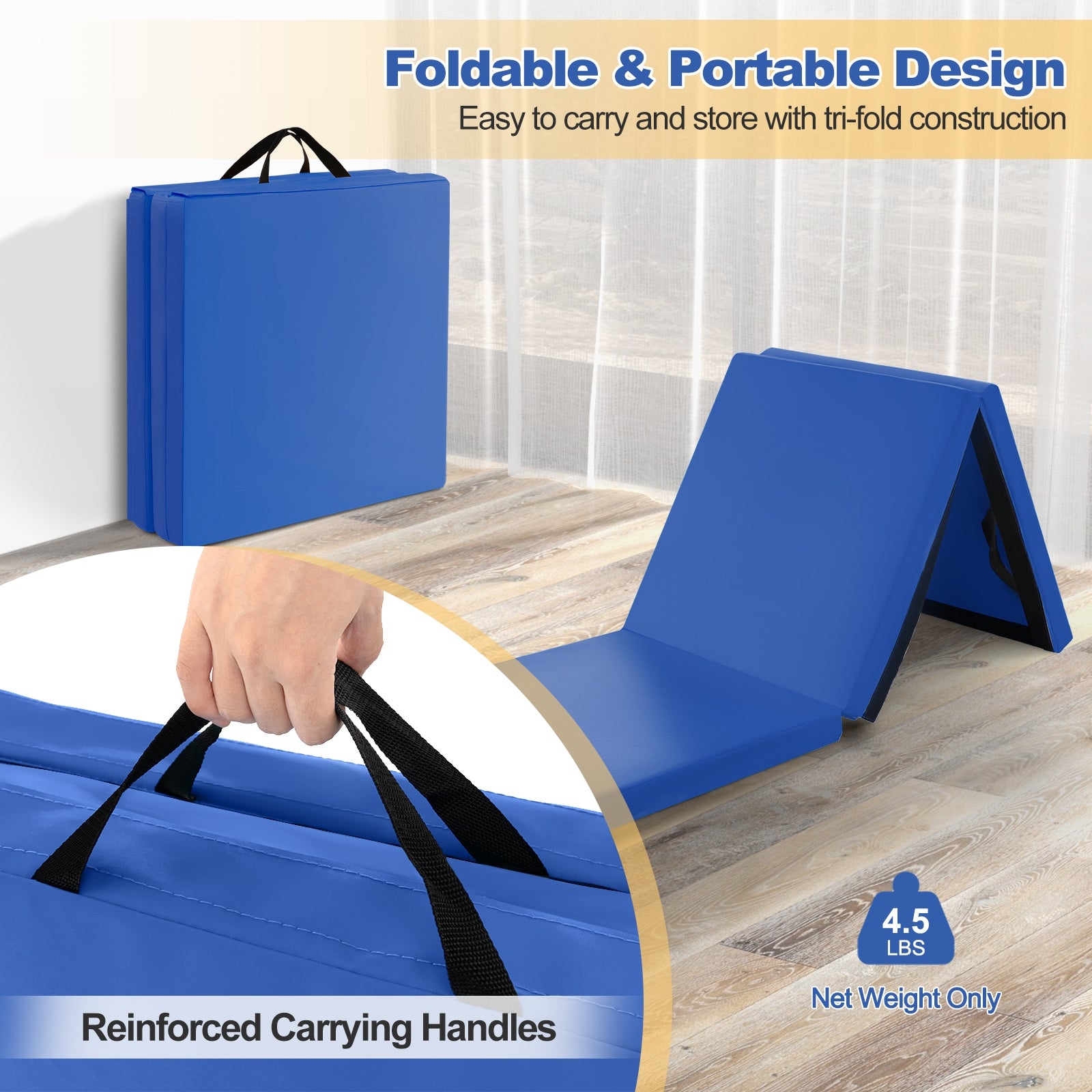 6 x 2 FT Tri-Fold Gym Mat with Handles and Removable Zippered Cover, Dark Blue Yoga & Gym Mats at Gallery Canada