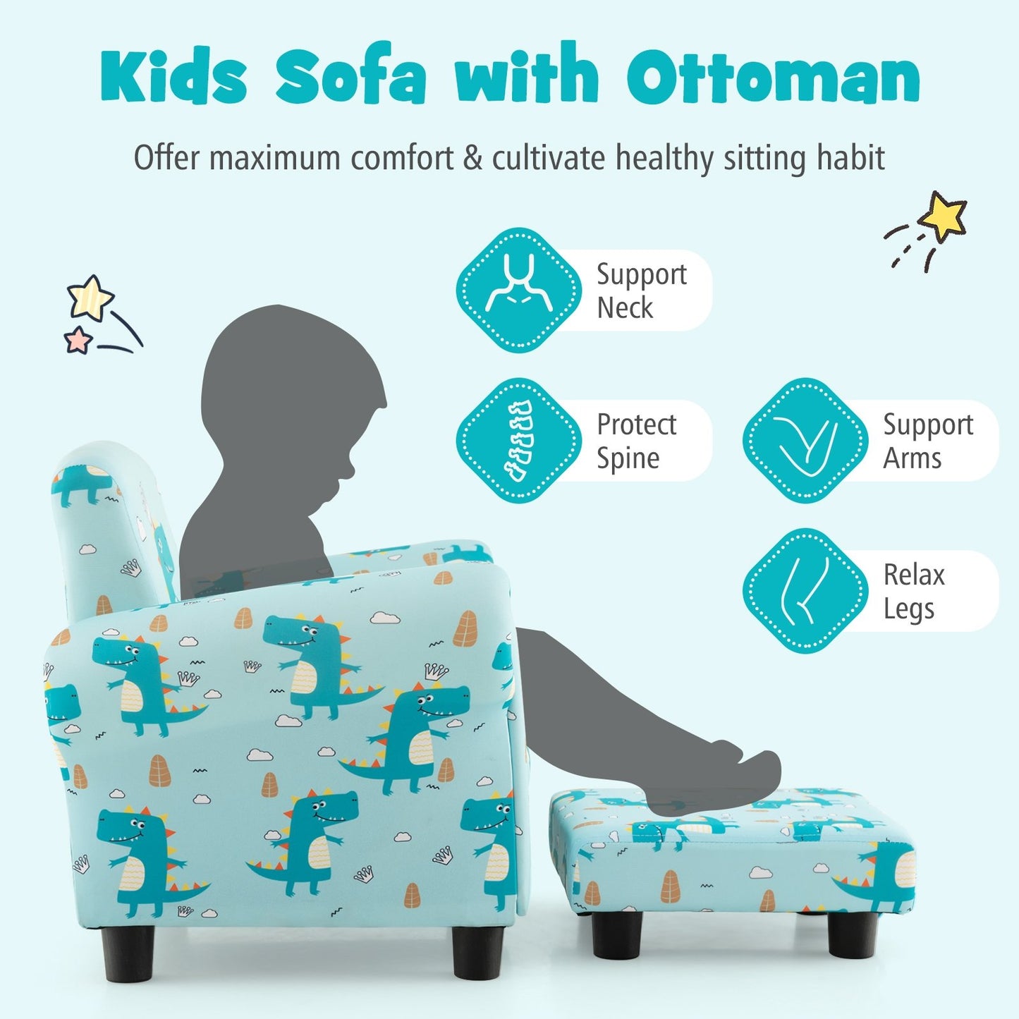 Kids Single Sofa with Cute Patterns  Ergonomic Backrest and Armrests, Blue Kids Chairs & Seating   at Gallery Canada