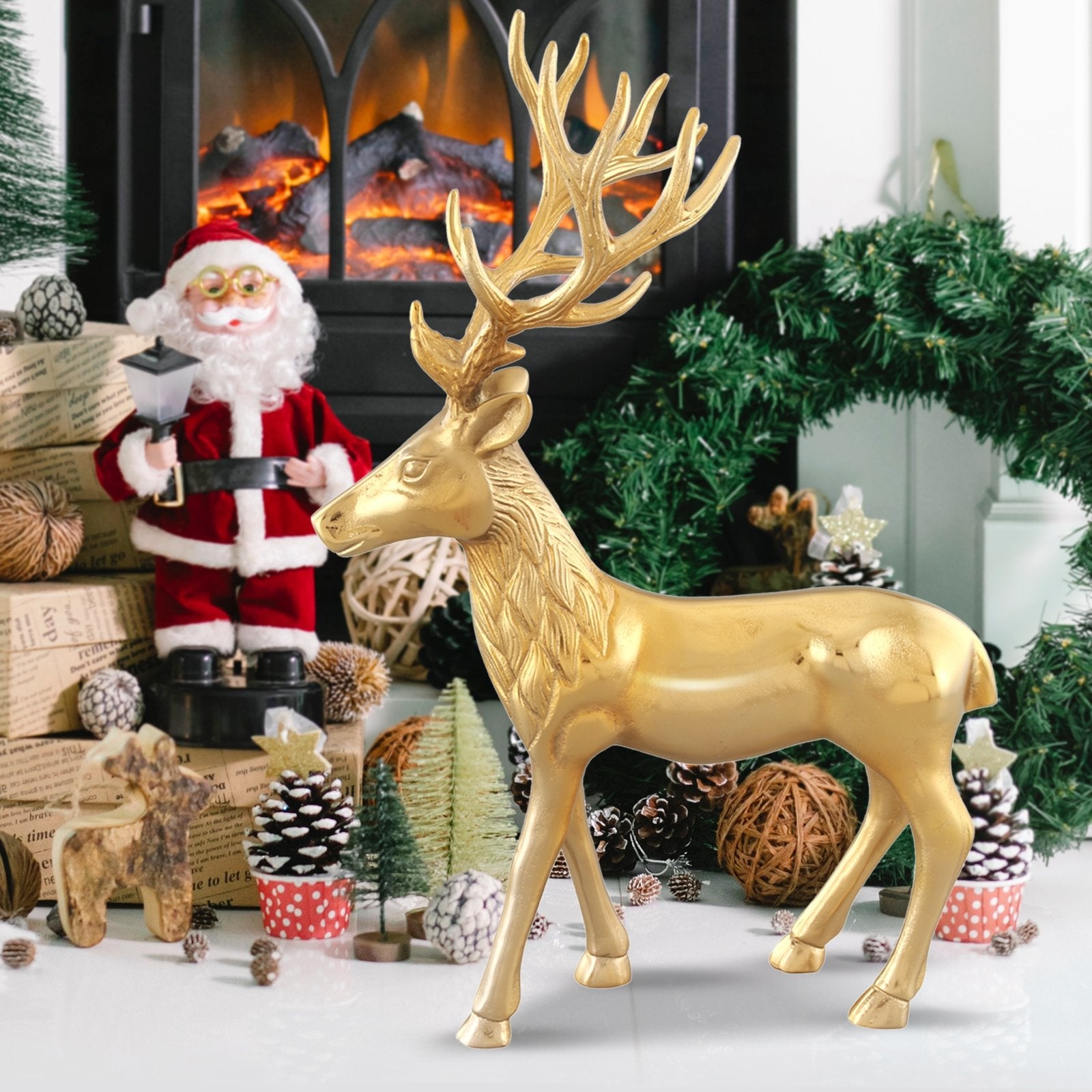 Standing Reindeer Statue Aluminum Deer Sculpture for Indoors Christmas Decor, Golden Christmas Decor & Accessories   at Gallery Canada