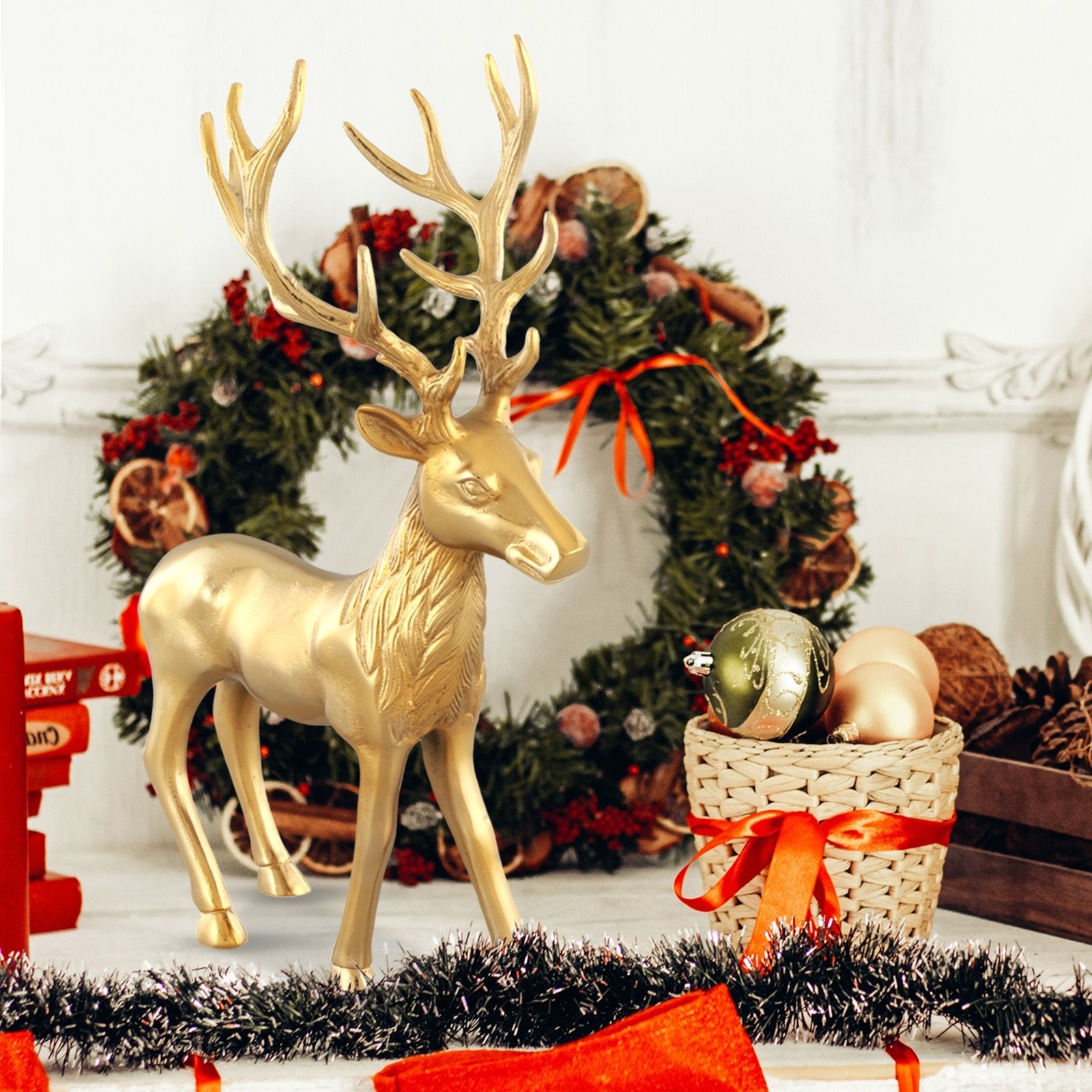 Standing Reindeer Statue Aluminum Deer Sculpture for Indoors Christmas Decor, Golden Christmas Decor & Accessories   at Gallery Canada