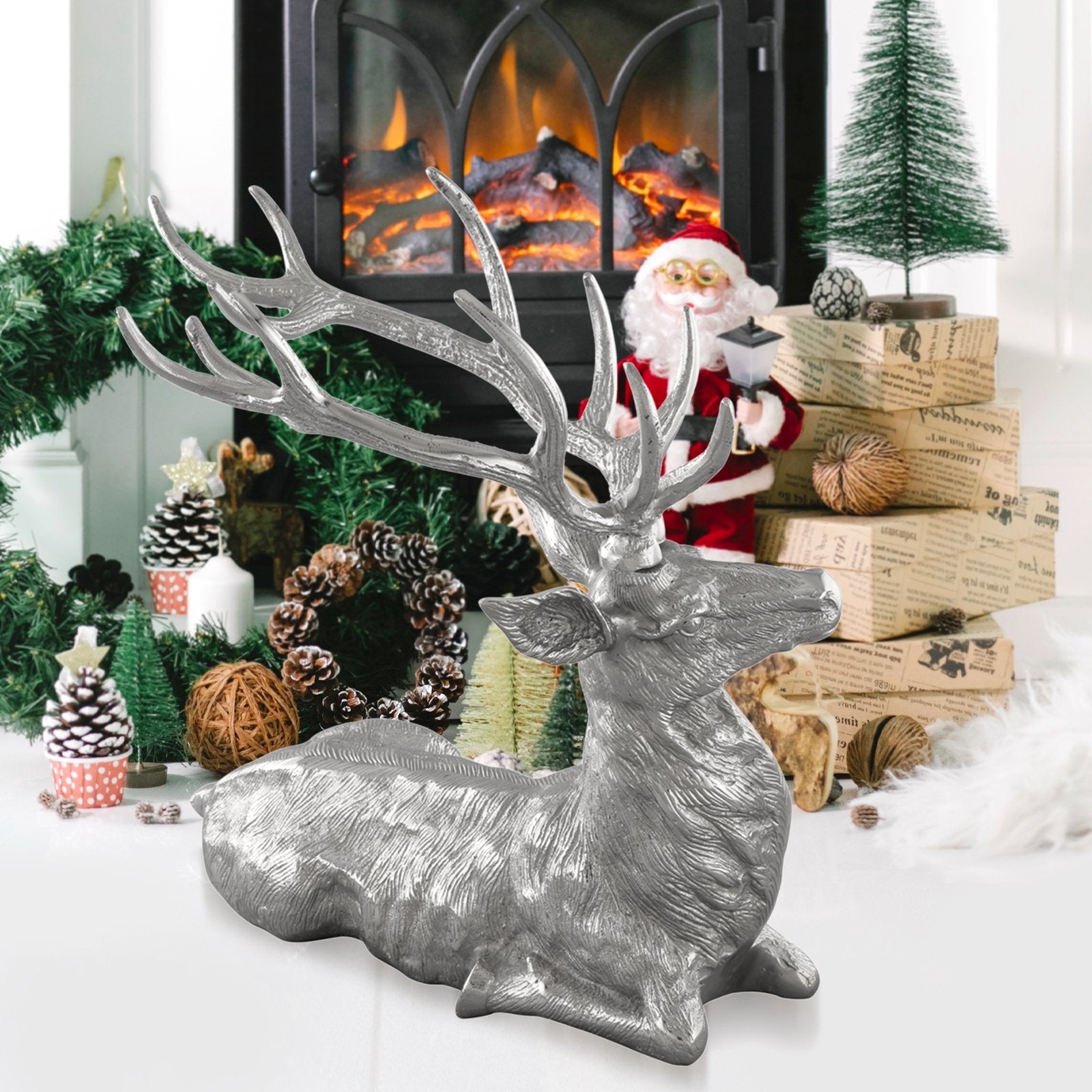 Standing Reindeer Statue Aluminum Deer Sculpture for Indoors Christmas Decor, Silver Christmas Decor & Accessories   at Gallery Canada