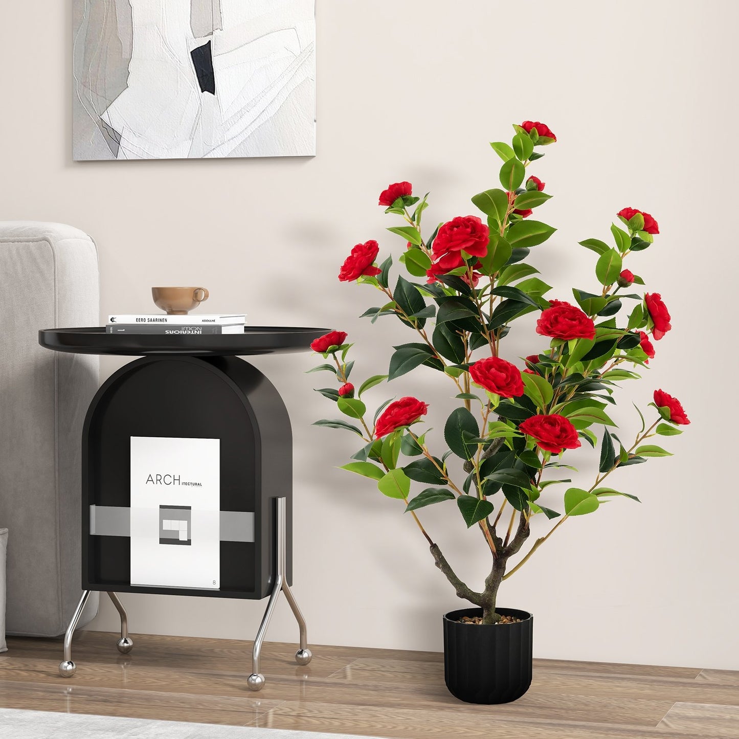 38 Inch Artificial Camellia Tree Faux Flower Plant in Cement Pot, Red Faux Plants   at Gallery Canada