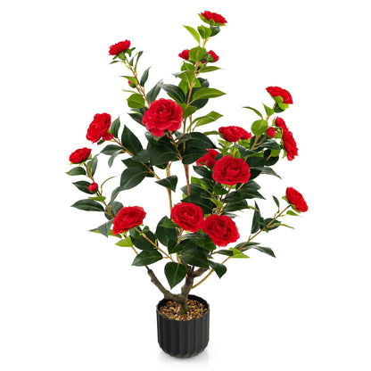 38 Inch Artificial Camellia Tree Faux Flower Plant in Cement Pot, Red Faux Plants   at Gallery Canada