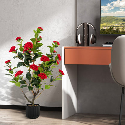 38 Inch Artificial Camellia Tree Faux Flower Plant in Cement Pot, Red Faux Plants   at Gallery Canada