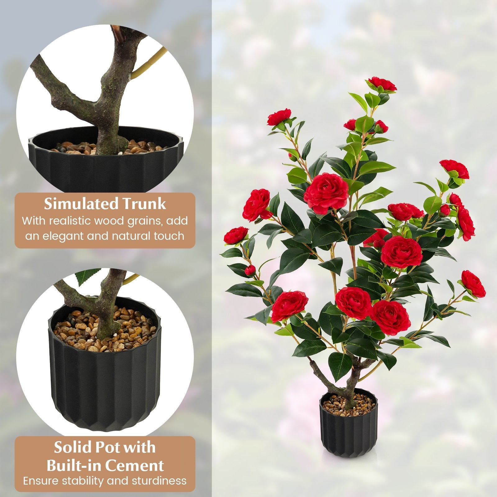 38 Inch Artificial Camellia Tree Faux Flower Plant in Cement Pot, Red Faux Plants   at Gallery Canada