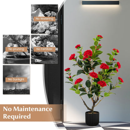 38 Inch Artificial Camellia Tree Faux Flower Plant in Cement Pot, Red Faux Plants   at Gallery Canada