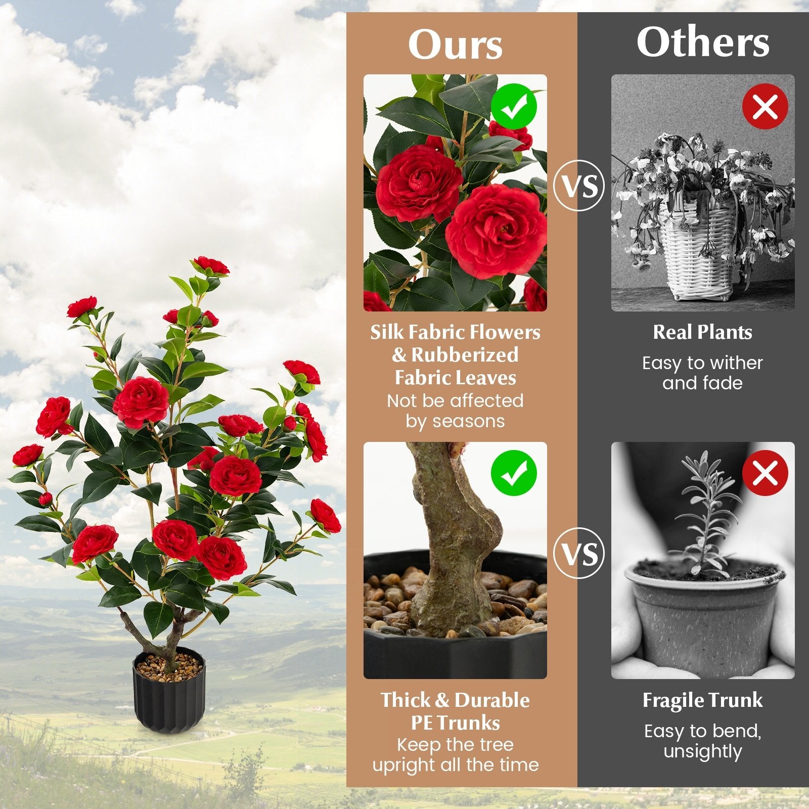 38 Inch Artificial Camellia Tree Faux Flower Plant in Cement Pot, Red Faux Plants   at Gallery Canada