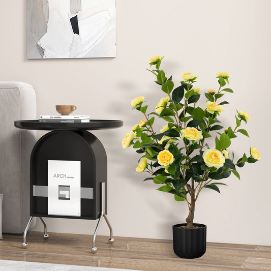 38 Inch Artificial Camellia Tree Faux Flower Plant in Cement Pot, Yellow Faux Plants   at Gallery Canada