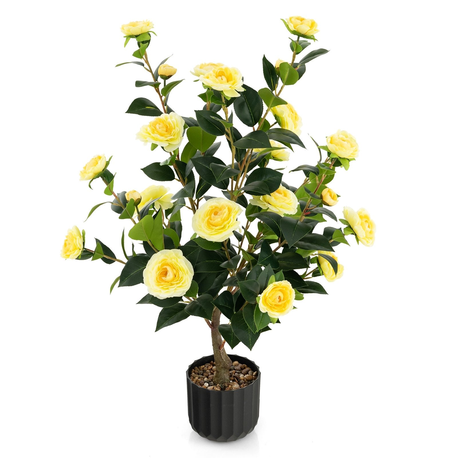 38 Inch Artificial Camellia Tree Faux Flower Plant in Cement Pot, Yellow Faux Plants   at Gallery Canada