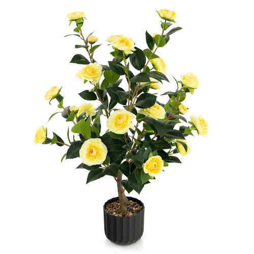 38 Inch Artificial Camellia Tree Faux Flower Plant in Cement Pot, Yellow