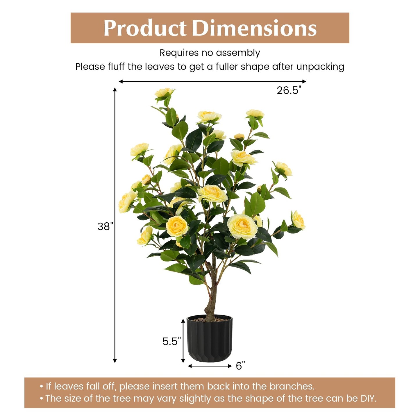 38 Inch Artificial Camellia Tree Faux Flower Plant in Cement Pot, Yellow Faux Plants   at Gallery Canada