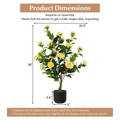 38 Inch Artificial Camellia Tree Faux Flower Plant in Cement Pot, Yellow Faux Plants   at Gallery Canada