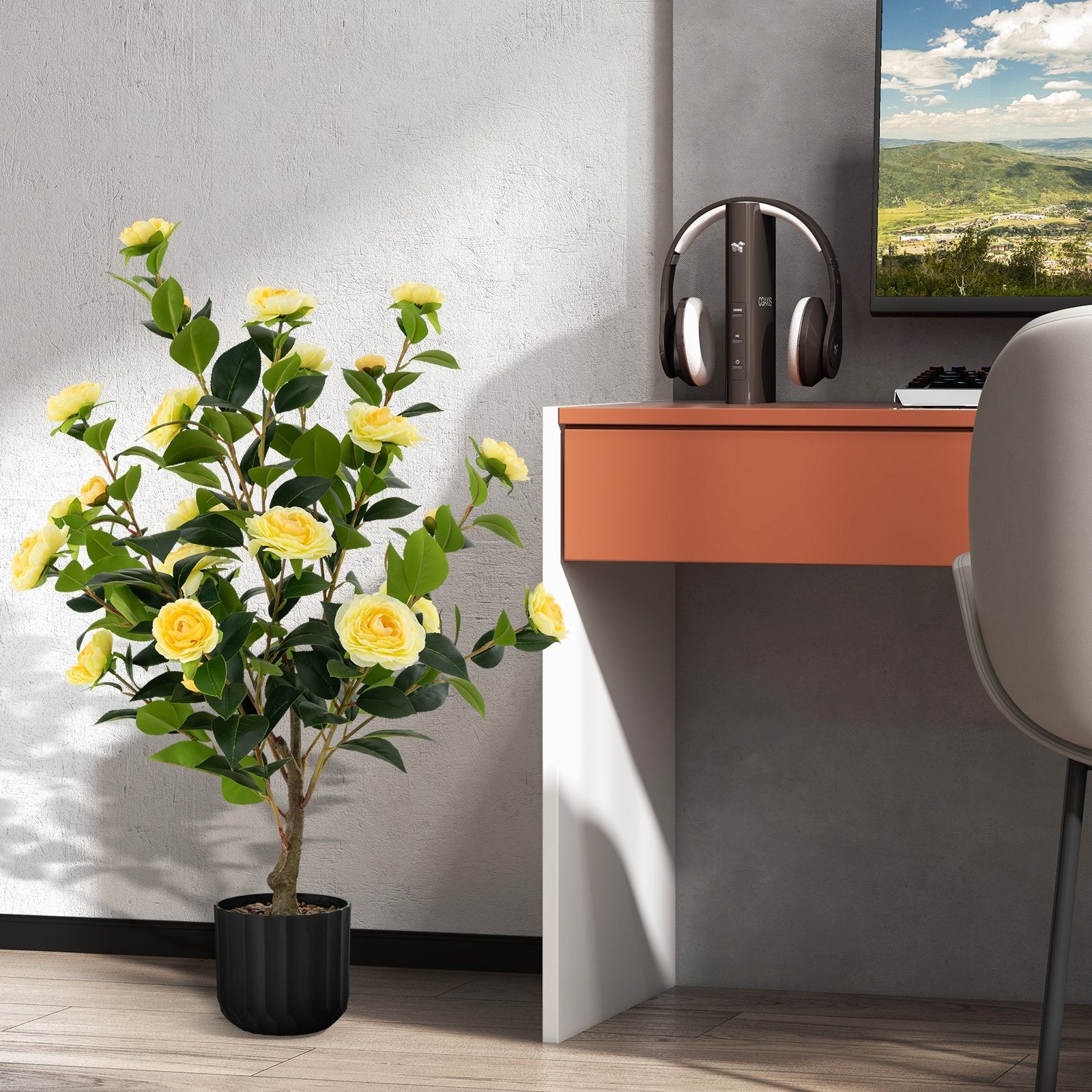 38 Inch Artificial Camellia Tree Faux Flower Plant in Cement Pot, Yellow Faux Plants   at Gallery Canada