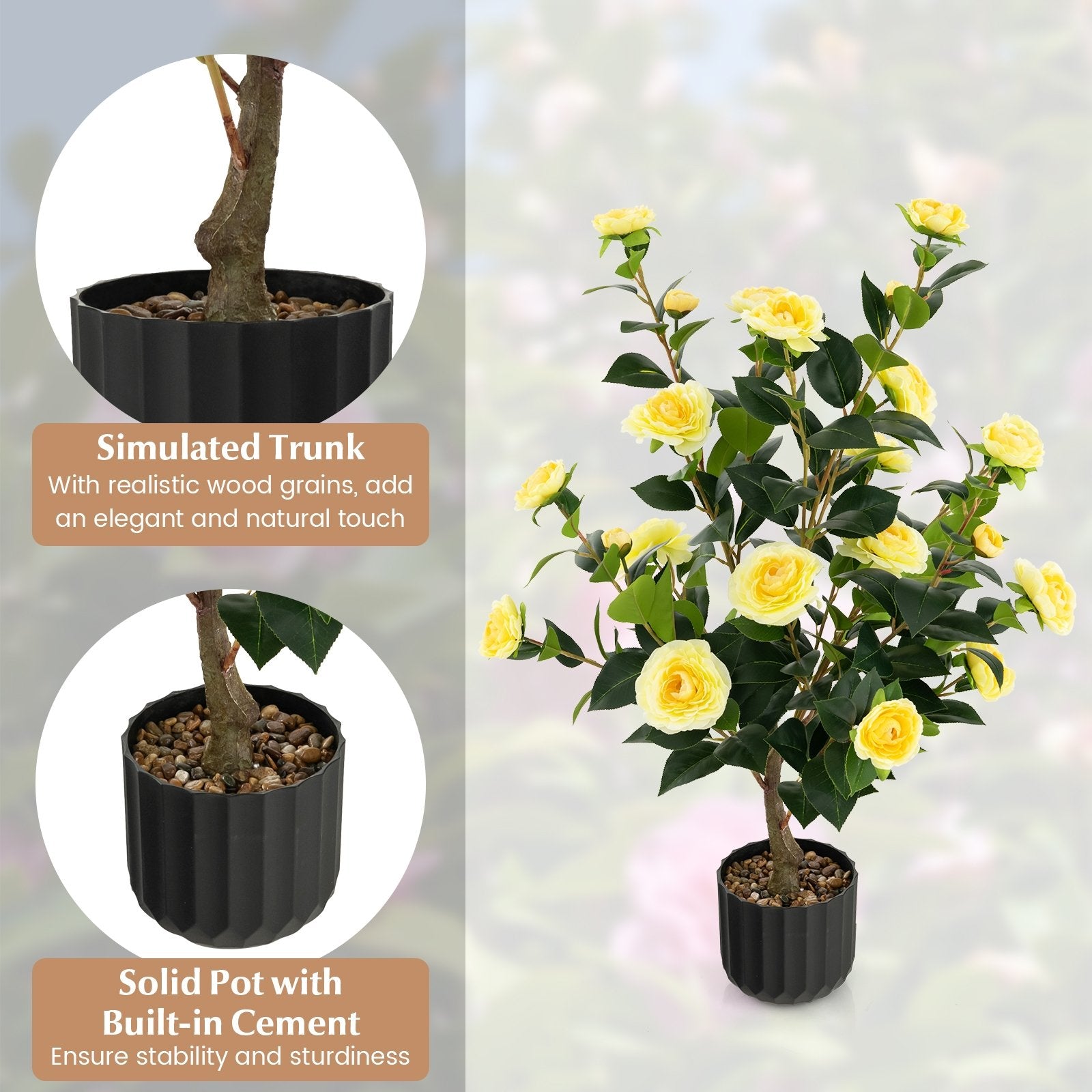 38 Inch Artificial Camellia Tree Faux Flower Plant in Cement Pot, Yellow Faux Plants   at Gallery Canada