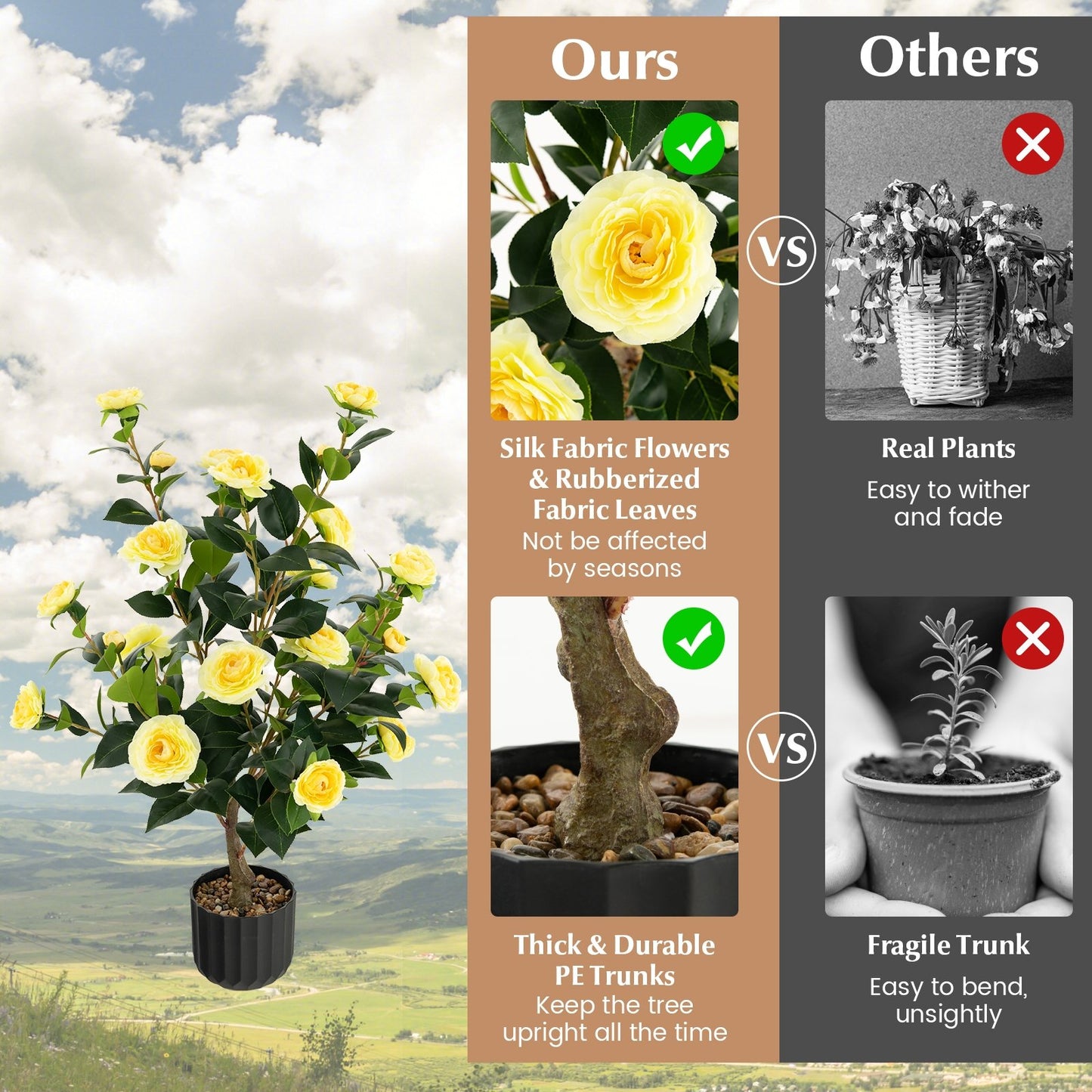 38 Inch Artificial Camellia Tree Faux Flower Plant in Cement Pot, Yellow Faux Plants   at Gallery Canada