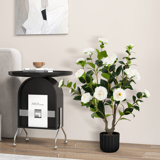 38 Inch Artificial Camellia Tree Faux Flower Plant in Cement Pot, White Faux Plants   at Gallery Canada