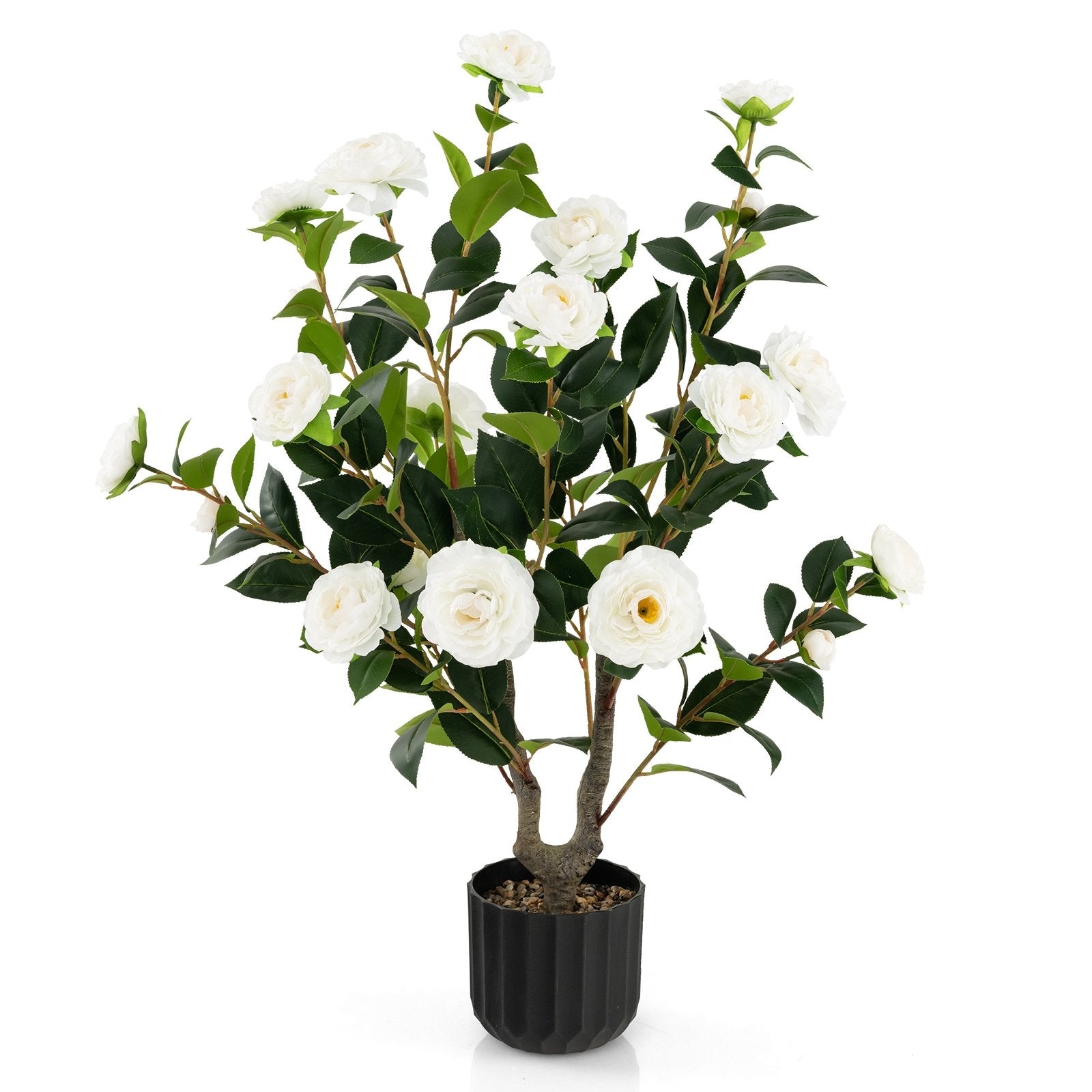 38 Inch Artificial Camellia Tree Faux Flower Plant in Cement Pot, White Faux Plants   at Gallery Canada