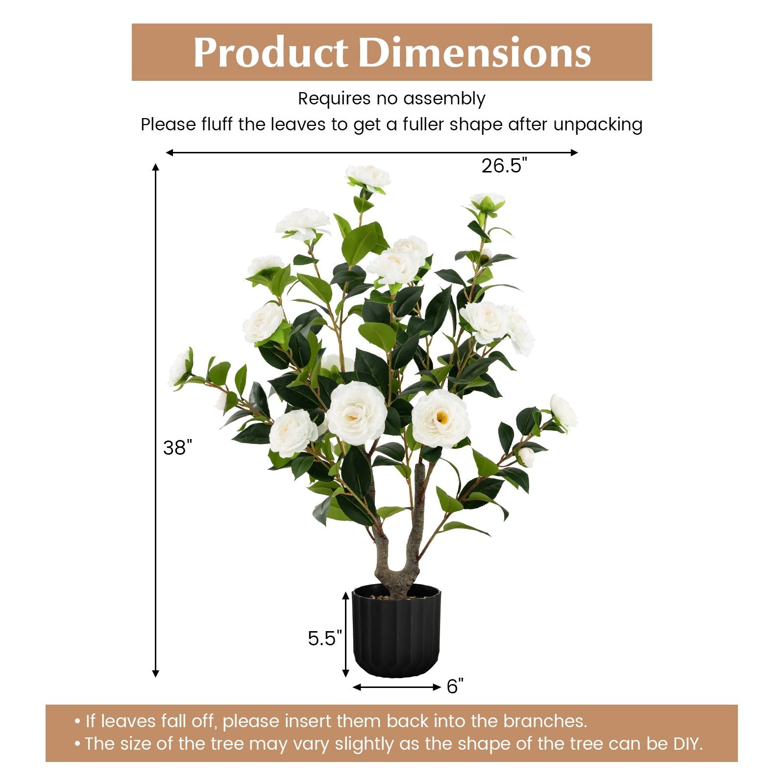 38 Inch Artificial Camellia Tree Faux Flower Plant in Cement Pot, White Faux Plants   at Gallery Canada