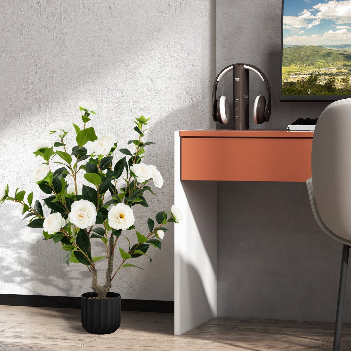 38 Inch Artificial Camellia Tree Faux Flower Plant in Cement Pot, White Faux Plants   at Gallery Canada