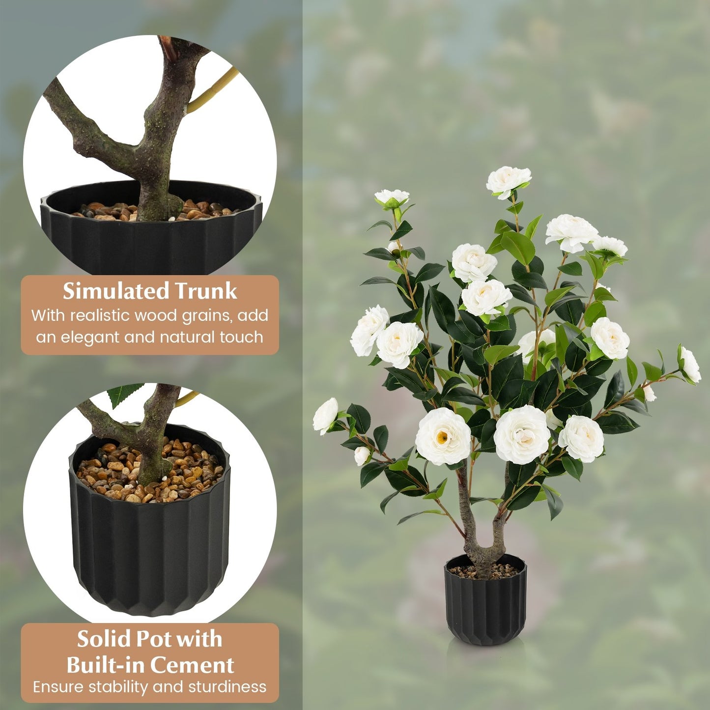 38 Inch Artificial Camellia Tree Faux Flower Plant in Cement Pot, White Faux Plants   at Gallery Canada