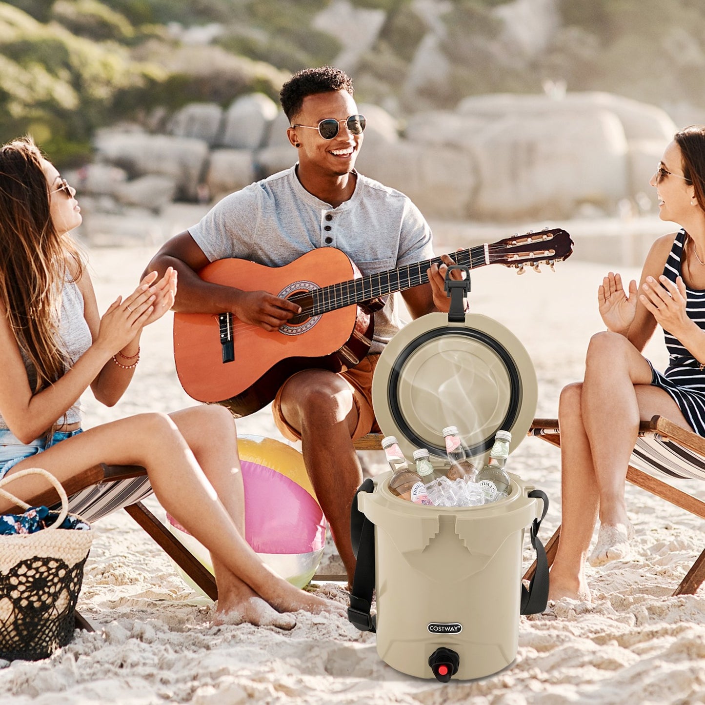 10 QT Drink Cooler Insulated Ice Chest with Spigot Flat Seat Lid and Adjustable Strap, Beige Coolers   at Gallery Canada