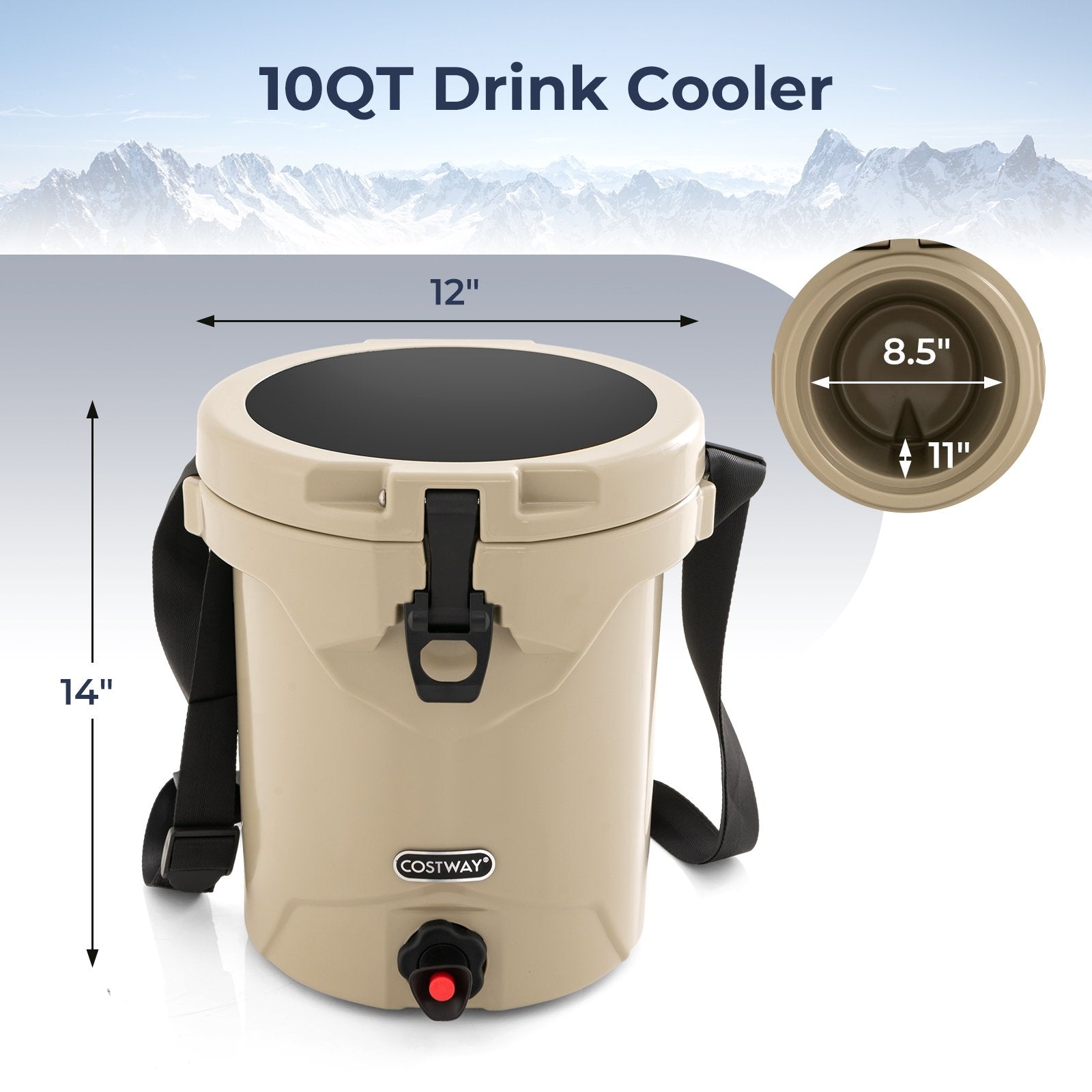 10 QT Drink Cooler Insulated Ice Chest with Spigot Flat Seat Lid and Adjustable Strap, Beige Coolers   at Gallery Canada