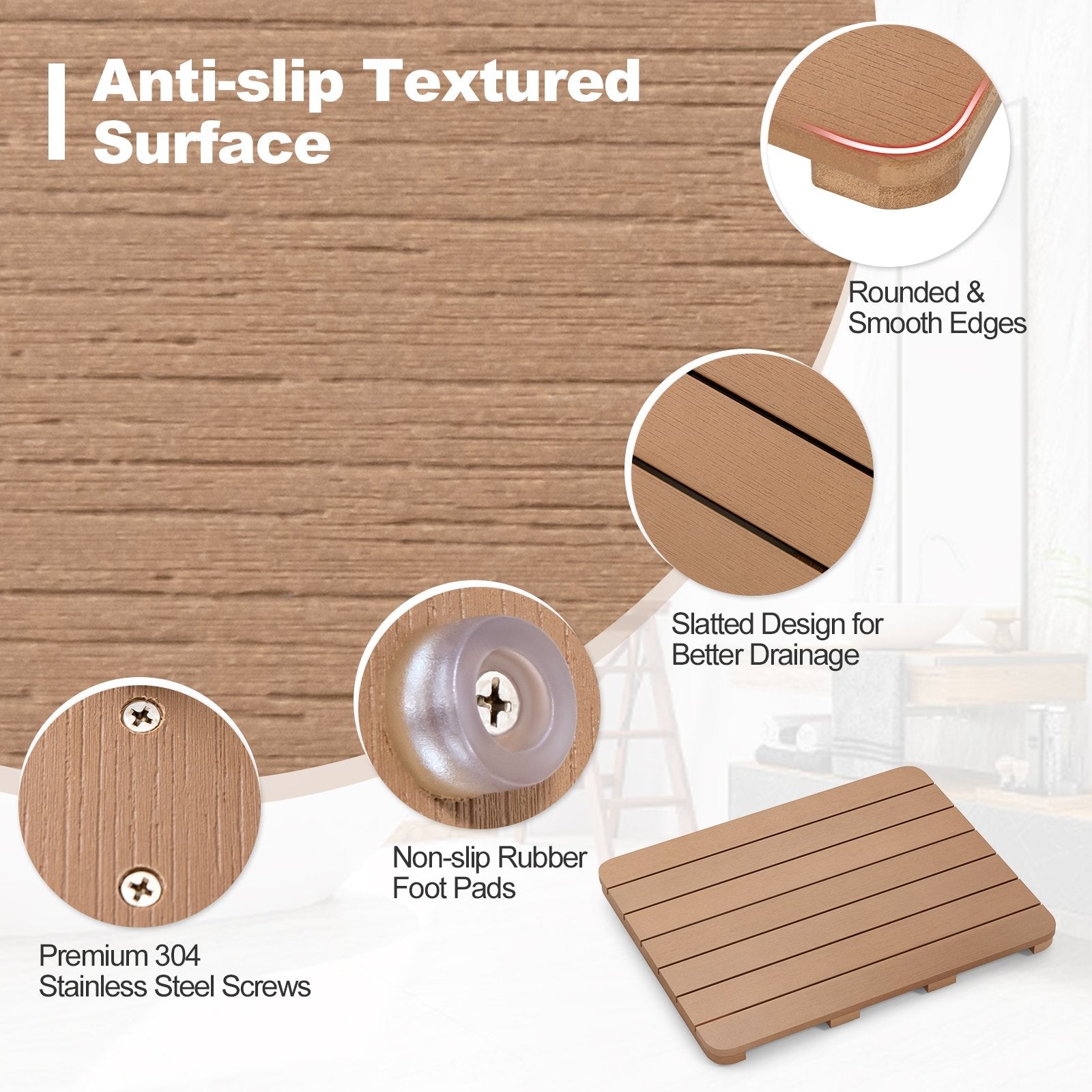 Waterproof HIPS Bath Spa Shower Mat with Non Slip Foot Pads, Brown Bath Safety   at Gallery Canada