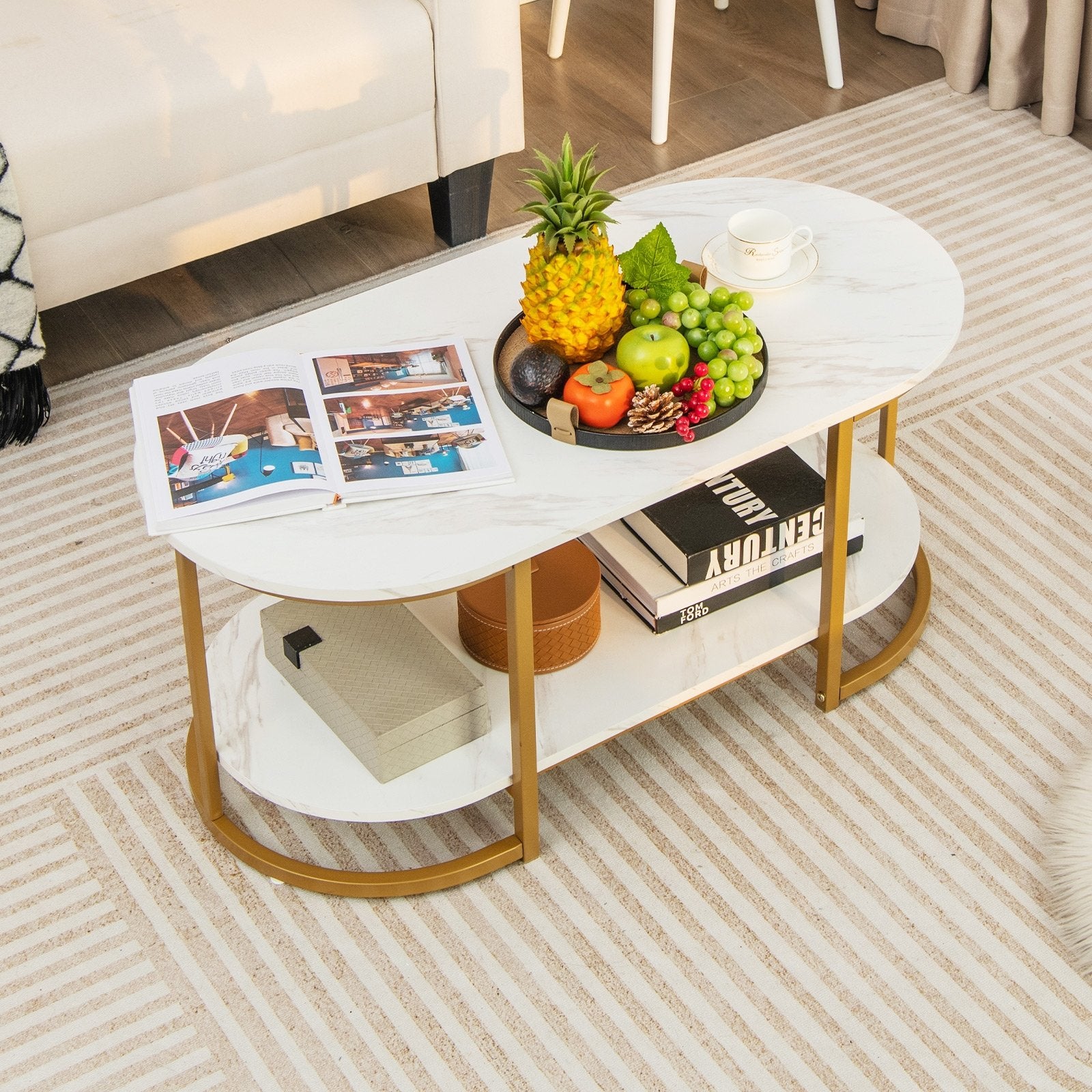 Marble Coffee Table with Open Storage Shelf-White , White Coffee Tables   at Gallery Canada