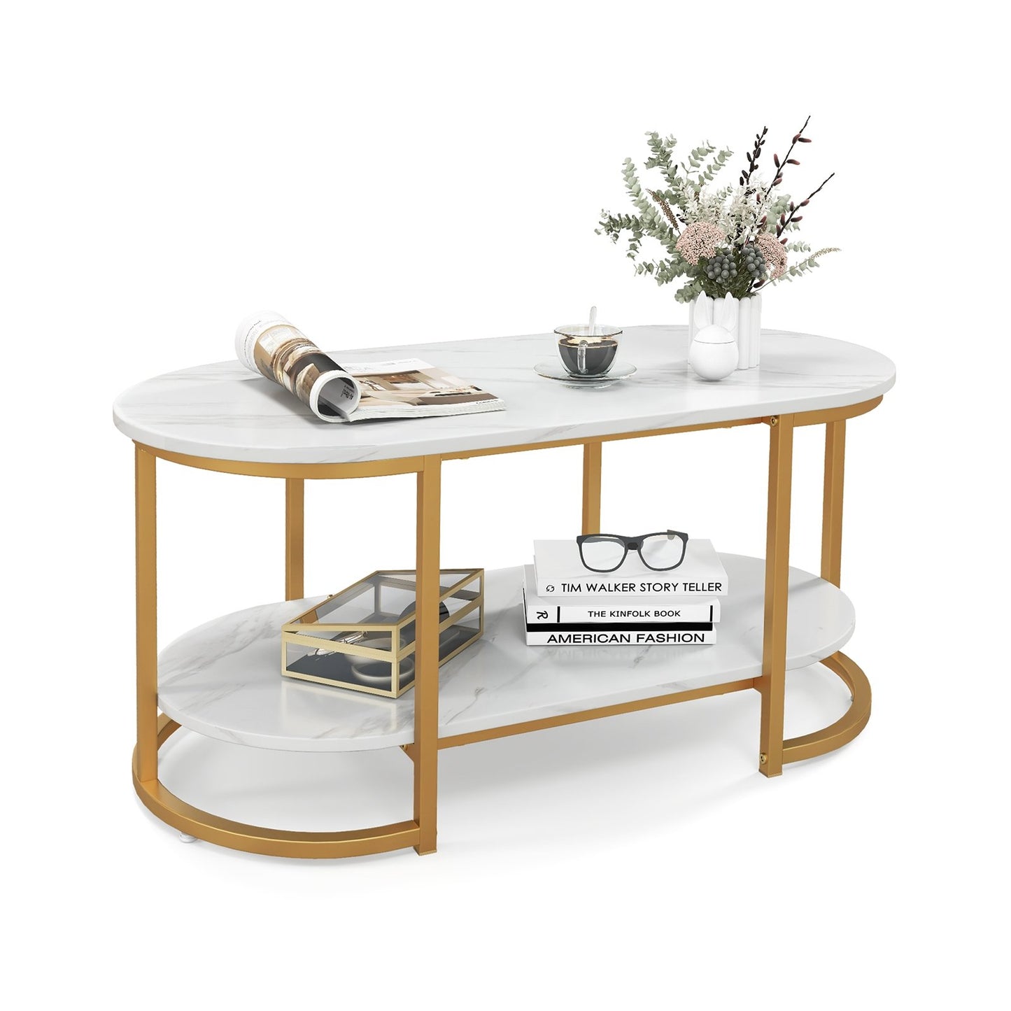 Marble Coffee Table with Open Storage Shelf-White , White Coffee Tables   at Gallery Canada