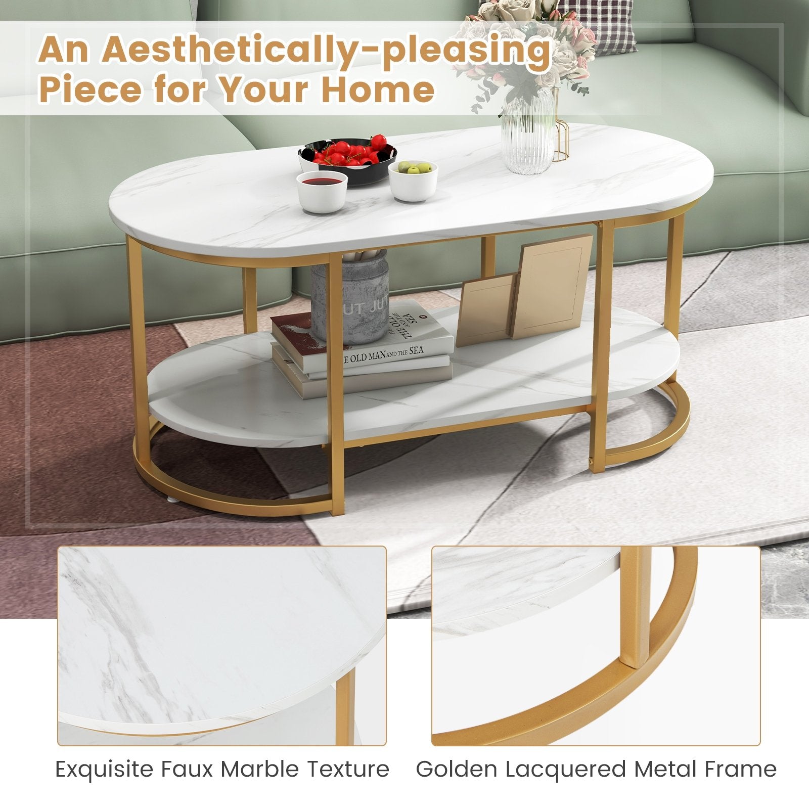 Marble Coffee Table with Open Storage Shelf-White , White Coffee Tables   at Gallery Canada