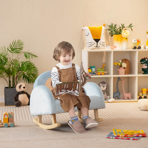 Toddler Rocking Chair with Solid Rubber Wood Frame Soft Velvet Cover, Blue