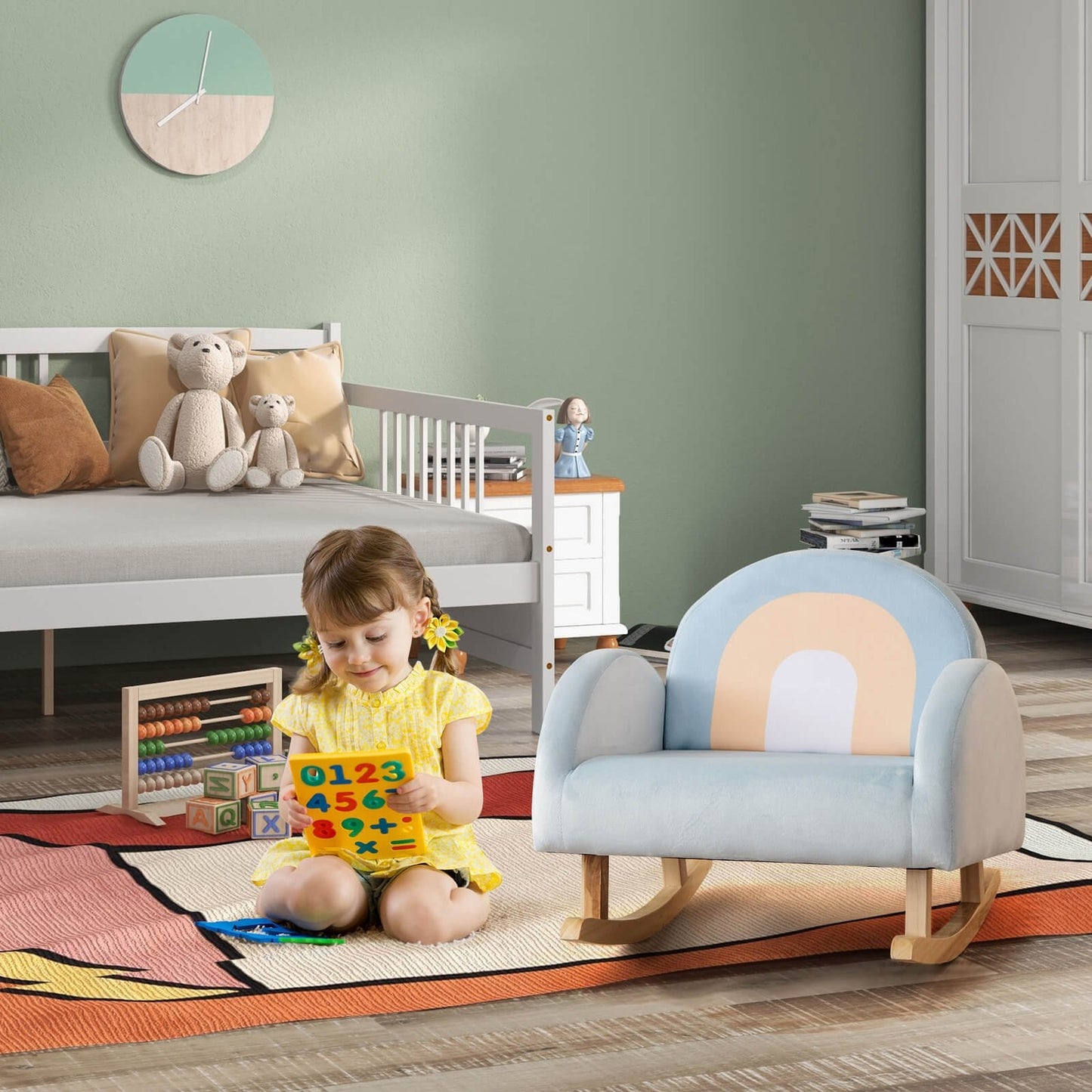 Toddler Rocking Chair with Solid Rubber Wood Frame Soft Velvet Cover, Blue Kids Chairs & Seating   at Gallery Canada