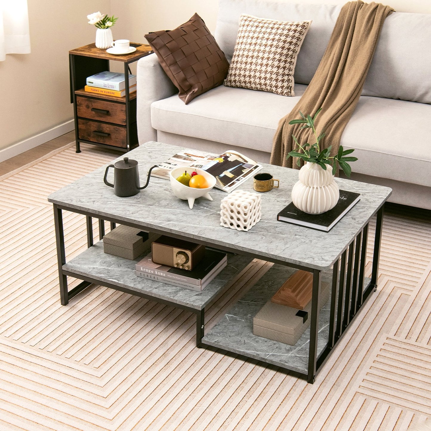 Faux Marble Coffee Table with Open Storage Shelf, Gray Coffee Tables   at Gallery Canada