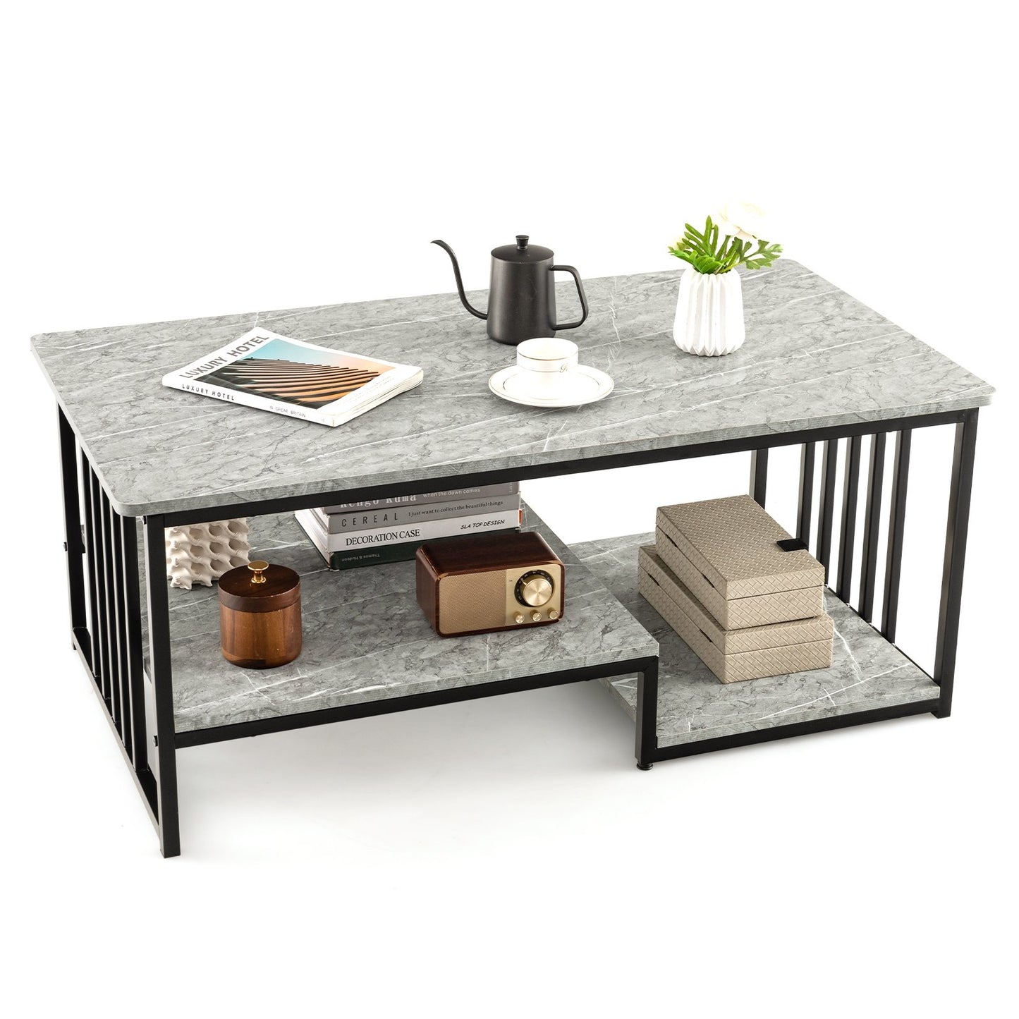 Faux Marble Coffee Table with Open Storage Shelf, Gray Coffee Tables   at Gallery Canada